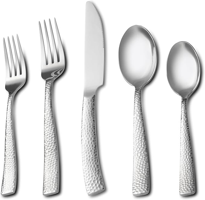 20 Piece Hammered Silverware Set, Stainless Steel Flatware Set for 4, Food Grade Cutlery Set for Home, Party, Wedding, Mirror Polished Dishwasher Safe