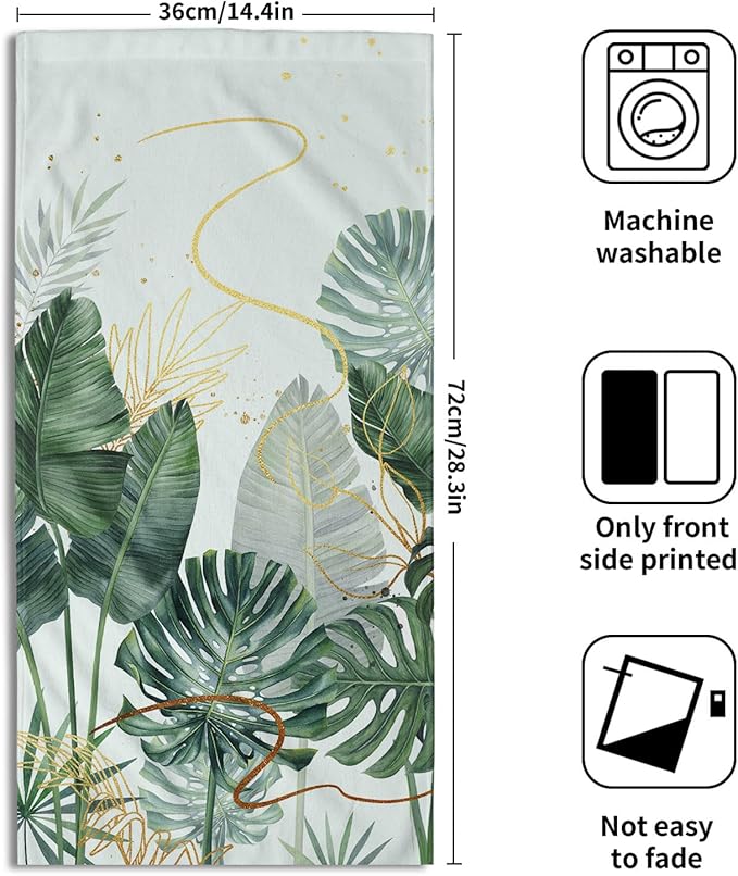 Imiss Palm Leaf Tropical Hand Towel Set of 2,Summer Green Gold Leaves Botanical Kitchen Dish Towels 14.4 x 28.3 Inch Soft Bathroom Guest Towels for Spa Yoga Gym Decor