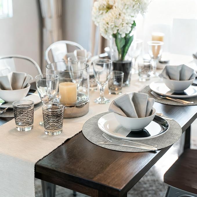 Maxpearl Round Placemats Set of 6, 13.8 inch Faux Leather Heat Resistant Table Mats, Non Slip Waterproof Wipeable Place Mats for Kitchen Dining Holiday Party Table Settings, Grey