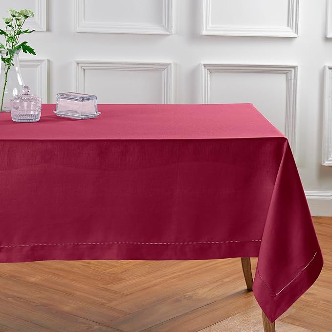Solino Home Linen Beet Tablecloth 60 x 132 Inch - Classic Hemstitch, 100% Pure Linen Rectangular Tablecloth - Machine Washable Table Cloth for Valentines, New Year