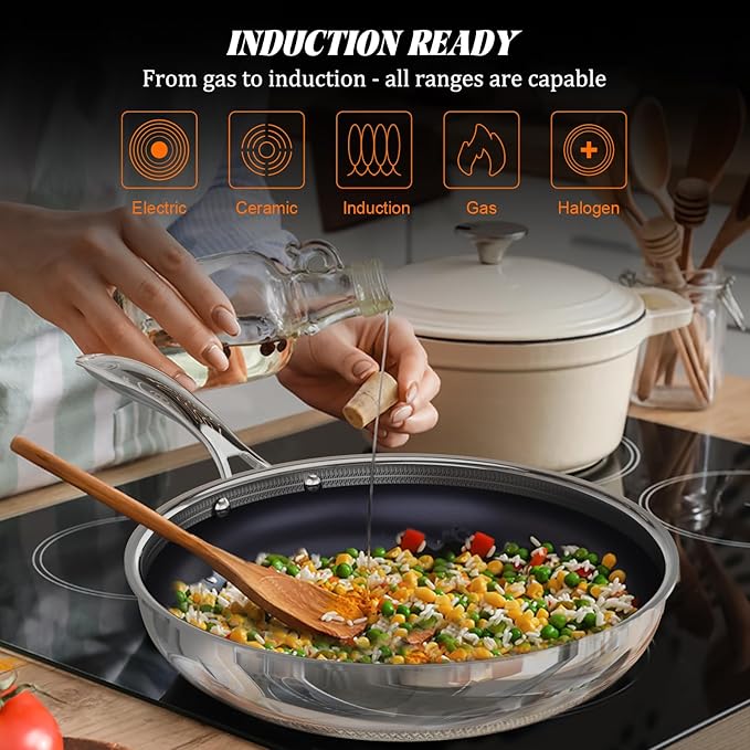 10" Hybrid Ceramic Nonstick Frying Pan, 3-Ply Stainless Steel Skillet, 2-Layer Coating, PFAS & PTFE Free, 9H Hardness & Corrosion Resistance, Dishwasher Safe, Induction Compatible-Dark Blue