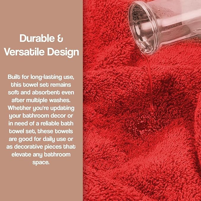 3 Piece Laced Bath Towels Set for Bathroom, Bath, Hand & Wash Cloths, Decorative Stylish Plush Cotton Washcloths - Showering, Face & Body Washing, Airbnb Essentials & Host Accessories, Red