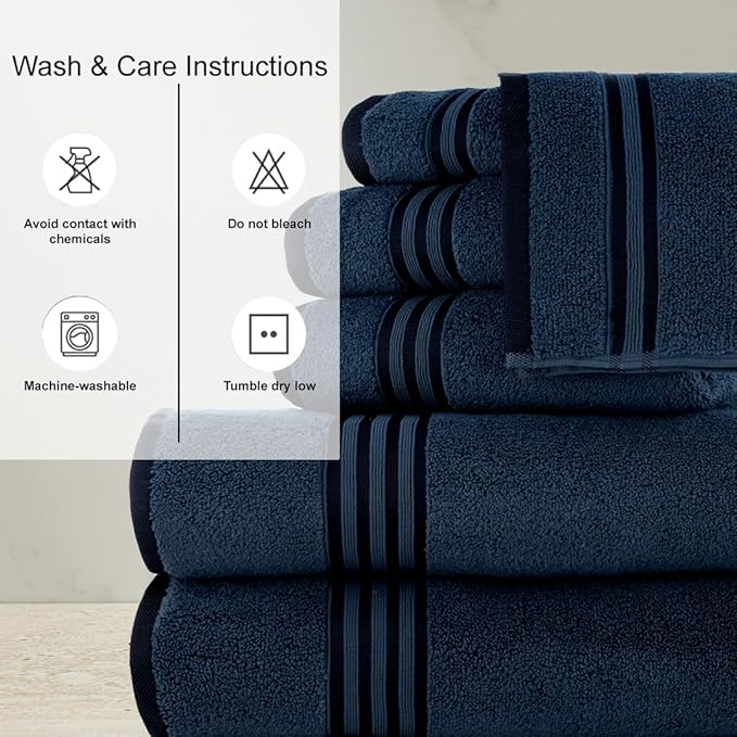 CASA COPENHAGEN Zero Twist, 6 Pieces Set 100% Cotton 0" Twist Towel Set- Navy Blue, 600 GSM, 2 Bath, 2 Hand, 2 Washcloths Made from Egyptian Cotton, Ultra Soft Luxury Towels for Bathroom