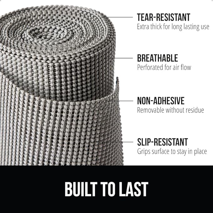 GORILLA GRIP powerGRIP Drawer Shelf and Cabinet Liner, Thick Strong Hold, Non-Adhesive Liners Protect Kitchen Cabinets and Cupboard, Bathroom Drawers, Easy Install, Breathable Mat, 17.5" x20', Gray