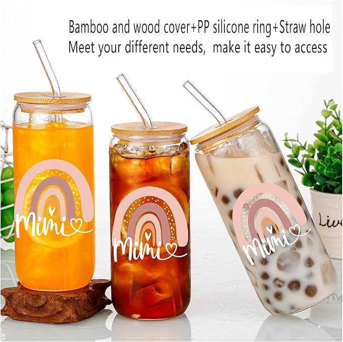 Mimi Glass Cups 16 Oz - with Lids and Straws, Mothers Day, Birthday and Christmas Gifts, Perfect for Office, and Home Use