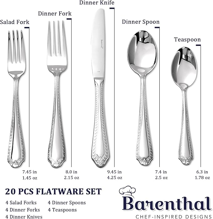 Heavy Duty Silverware Set for 4, Barenthal 20 PCS Luxury Retro Flatware Set Mirror Finish Dishwasher Safe, 18/10 Stainless Steel Silverware Flatware Sets for Home Restaurant Party Christmas Gift
