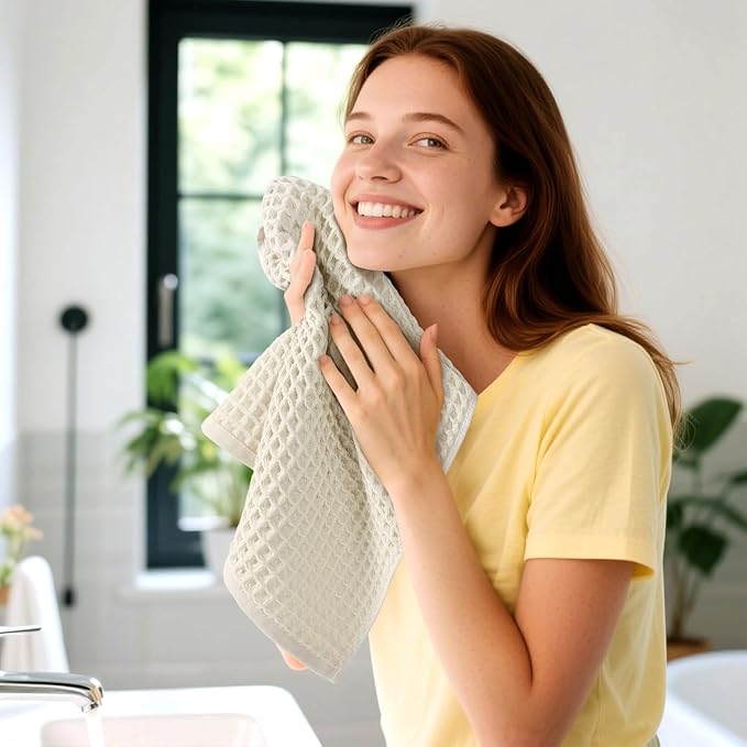 Jacquotha Waffle Hand Towels 2-Piece (Mist White) – Cotton, Quick Dry, Lint Free, 13” x 29”