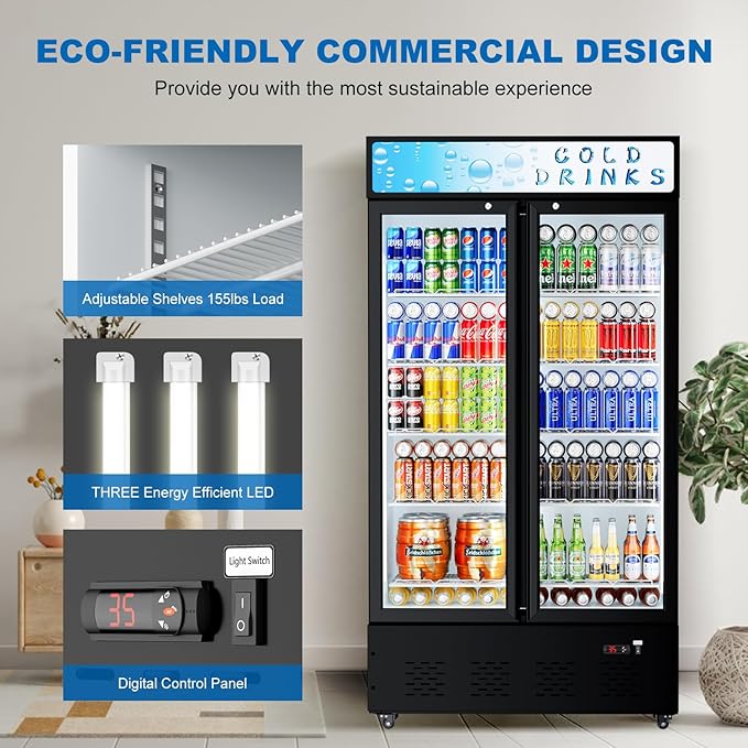 Commercial Glass Door Display Refrigerator 30 cu.ft Cooler Commercial Beverage Refrigerators with LED Light and 10 Shelves for Cafe, Restaurant, Store, Bar