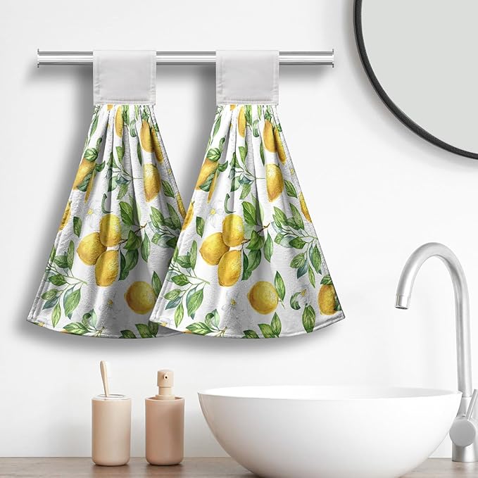 Spring Lemon Kitchen Hand Towels with Loop 2 Pcs Summer Leaves Yellow Lemons Hanging Dish Towels Soft Absorbent Tie Towel Dishcloths for Bathroom Kitchen Washroom 17 x 12 in