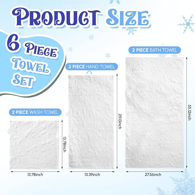 Peryiter 6 Pack Cotton 3D Christmas Snowflake Bath Towels Set White Winter Towels for Bathroom, Soft and Absorbent, Contains 2 Bath Cloth, 2 Hand Cloth and 2 Washcloths