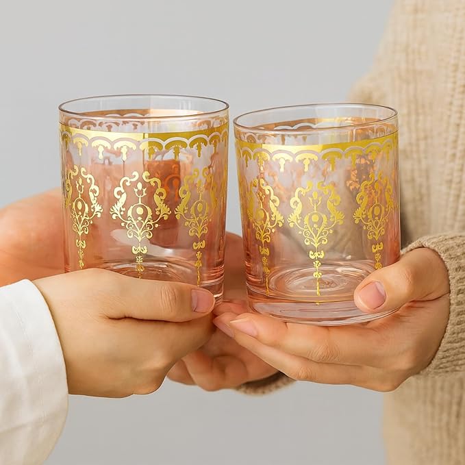 Khen Pink Moroccan Tumbler Glassware | Set of 2 | Gold Ornate Vintage Decorative Drinking Cups, Retro Bohemian Pattern Barware for Water, Whiskey, Cocktail, Iced Tea, Durable Embossed Home Drinkware