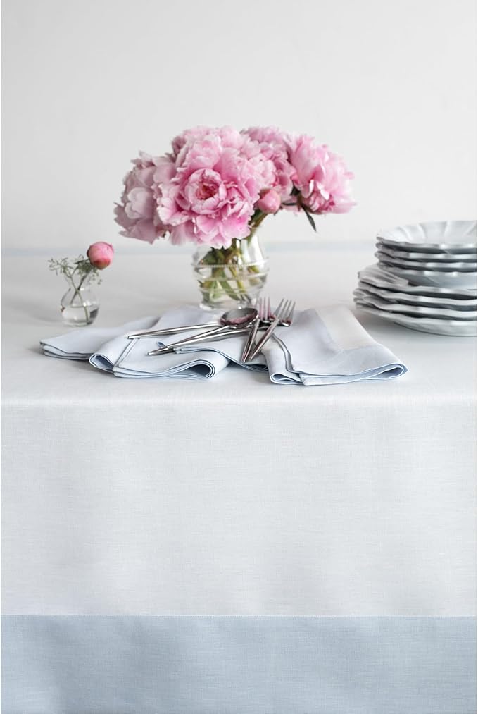 Solino Home Linen Tablecloth 60 x 120 Inch - 100% Pure Linen Light Blue and White Tablecloth for Rectangle Tables - Contempo, Machine Washable Table Cloth for Winter, New Year