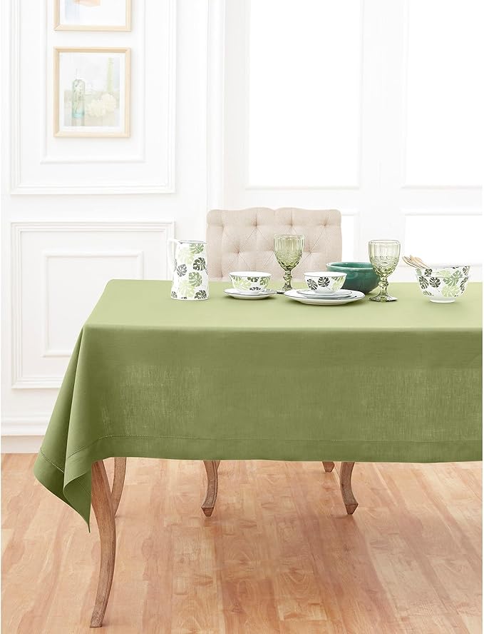 Solino Home Linen Tablecloth 60 x 132 Inch - Classic Hemstitch 100% Pure Linen Moss Green Table Cloth for Rectangle Tables - Machine Washable Tablecloth for Winter