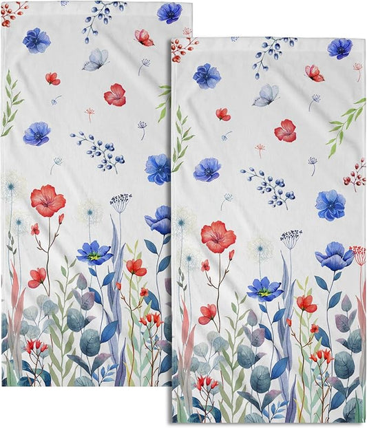 Imiss 4th of July Hand Towels Set of 2 Patriotic Blue Red Poppy Flowers Dish Cloth Bath Towels 14.4 x 28.3 Inch for Kitchen Bathroom Gym Spa Hotel