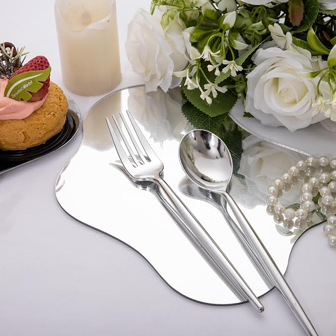 SUT 100Pcs Silver Plastic Silverware - Plastic Spoons and Forks, Disposable Silverware, Plastic Cutlery Set,50 Gold Plastic Forks, 50 Gold Plastic Spoons for Catering, Parties, Dinners, Weddings