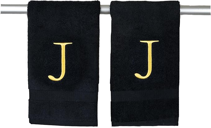 Black, Letter Hand Towel for Bathroom - Monogrammed Initial Hotel Quality Decorative Embroidered Towel for Powder Room, Spa - GOTS Organic Certified - Pack of 2, Letter J