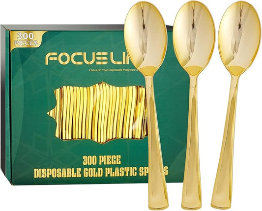 FOCUSLINE 300 Pack 6.8" Disposable Gold Plastic Spoons, Solid and Durable Plastic Cutlery Spoons, Heavy Duty Disposable Utensil Silverware for Catering, Parties, Dinners, Weddings