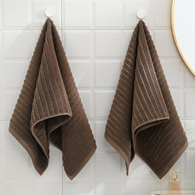 sense gnosis Super Soft Luxury Hand Towel Stereoscopic Ladder Striped Design 100% Cotton Absorbent Decorative Hand Towel for Bathroom 13 x 29 Inch (Brown, 2 Pack)