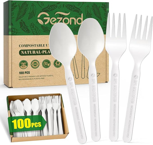 Gezond 100 Count 100% Compostable Cutlery Set 50 Forks and 50 Spoons, No Plastic Biodegradable PLA Disposable Forks and Spoons Eco-friendly Utensils Suitable for Party Picnic Office Everyday Use