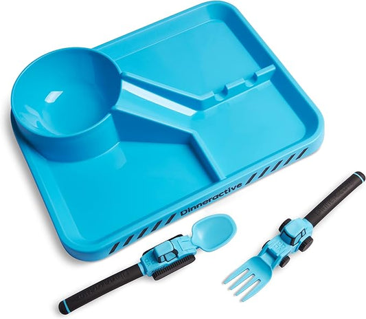 Dinneractive 3-Piece Construction Themed Toddler Utensils & Plates - Toddler Forks, Spoons & Divided Plates - Blue, Vehicle Pattern