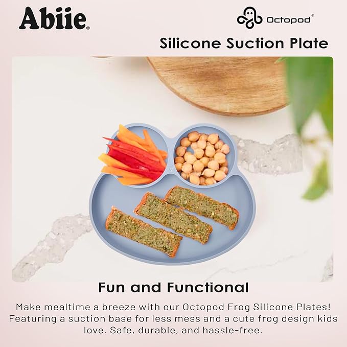 Abiie Octopod Frog Silicone Plates with Suction - Spill Proof, Easy to Clean - BPA-Free Bowl - Suction Plates for Baby and Toddler - Training & Feeding Divided Grip Dish (Sage Green)