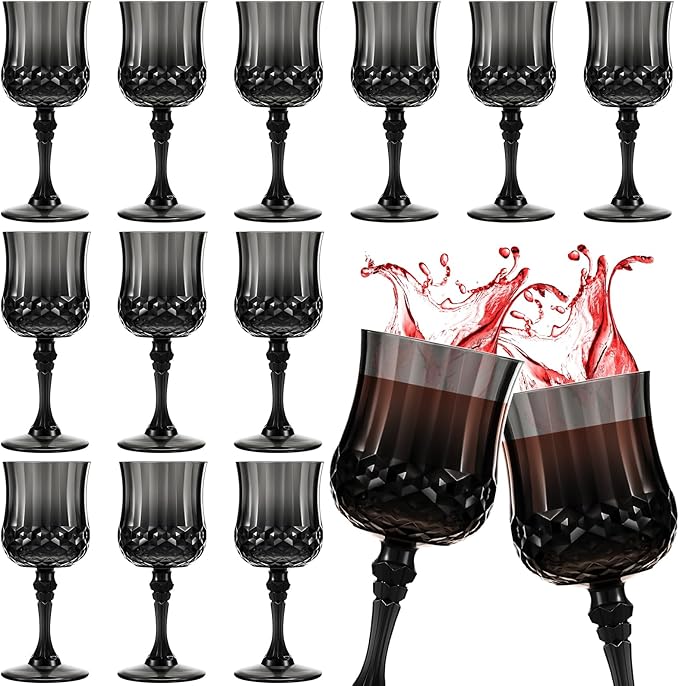 Pinkunn 24 Pcs 7 oz Plastic Vintage Wine Glasses Reusable Colored Goblets Patterned Drinking Water Glasses Cup Dishwasher Safe for Christmas Wedding Reception Party Supplies (Black)