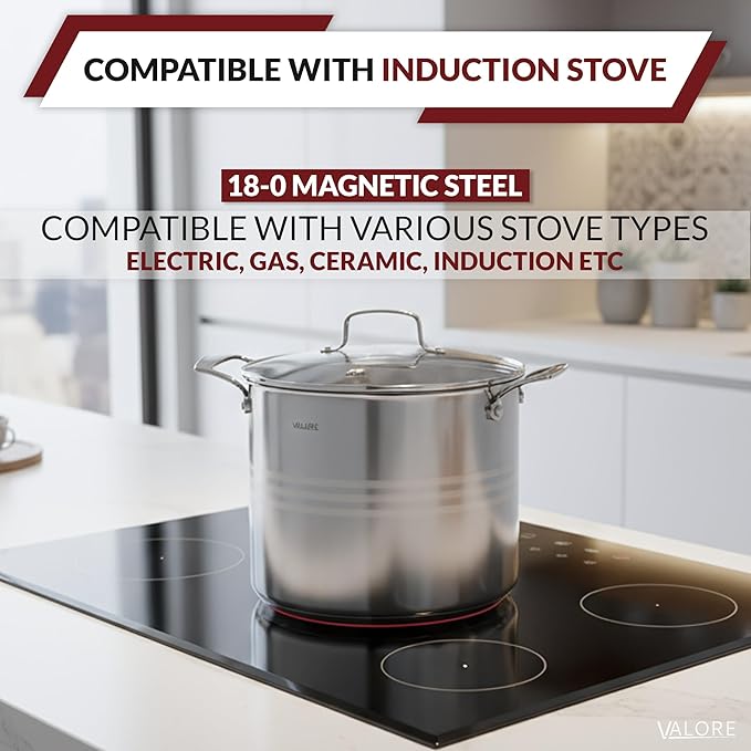 Valore 16 qt Stainless Steel Stock Pot with Lid & Canning Rack - 5-ply Soup Pot with Brushed Stainless Finish & Riveted Handles