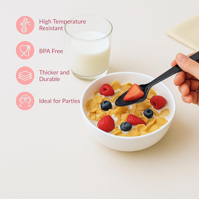 Prestee 300 Black Plastic Spoons Bulk - Durable Disposable Plastic Silverware Spoons - Heat-Resistant Spoon Cutlery - Heavy Duty Flatware Pack - Disposable Silverware Utensil Set for Hot and Cold Food