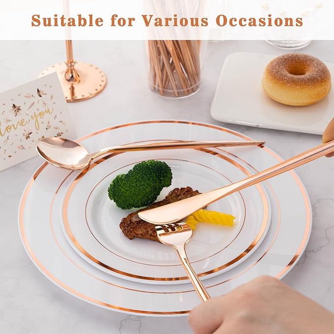 150PCS Rose Gold Plastic Silverware,Heavy Duty Disposable Utensils Include 50 Forks,50 Spoons and 50 Knives,Pink Cutlery Plastic Silverware Sets for Party, Birthday,Wedding