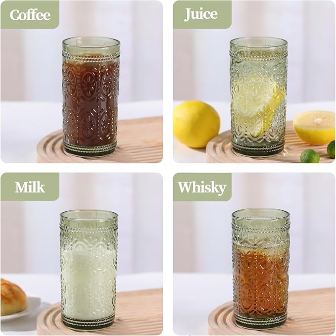 Green Drinking Glasses Set of 4, Vintage Drinking Glasses, Colored Glassware Drinking, Highball Beverage Glasses Cup, Vintage Glassware Set for Water, Juice, Cocktail, Coffee