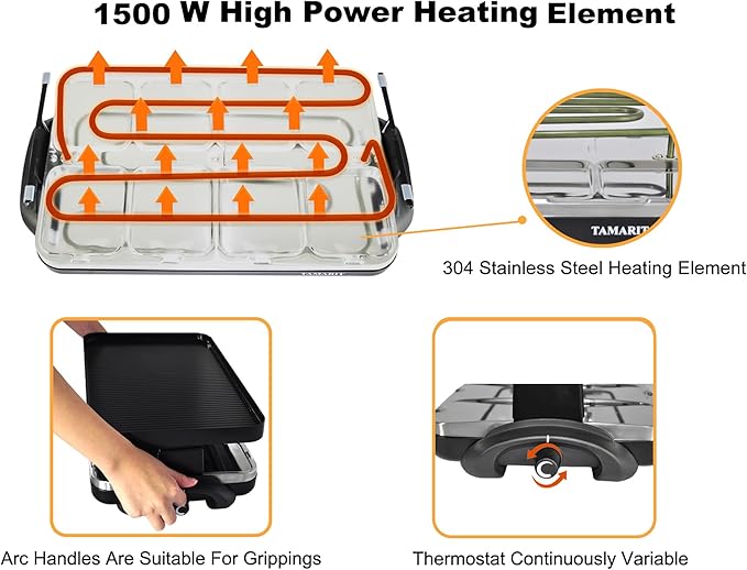 TAMARIT Classic 8 Person Raclette Grill 1500W Electric Tabletop Griddle with Reversible Plate, 8 Non-Stick Cheese Trays and Spatulas Indoor Portable Korean BBQ Barbecue Party Grill Black