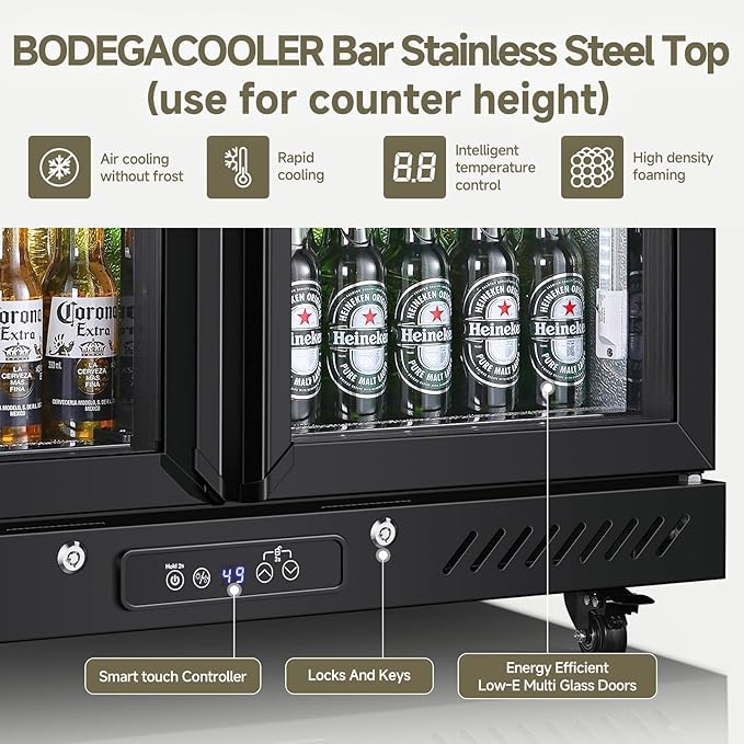 BODEGACOOLER Back Bar Cooler with 2 Glass Doors,7.7 Cu.ft Commercial Bar Beverage Refrigerator Under Counter LED Lighting for Soda Drinks,Beer,Wine with Stainless Steel Top,DOE Approved,4 Casters