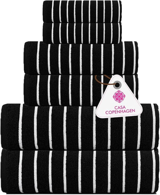 CASA COPENHAGEN Ecstatic 6 Pieces Towel Set- Black, 600 GSM 2 Bath Towel 2 Hand Towel 2 Washcloth, Designed in Denmark Made of Soft Egyptian Cotton for Bathroom, Kitchen & Shower