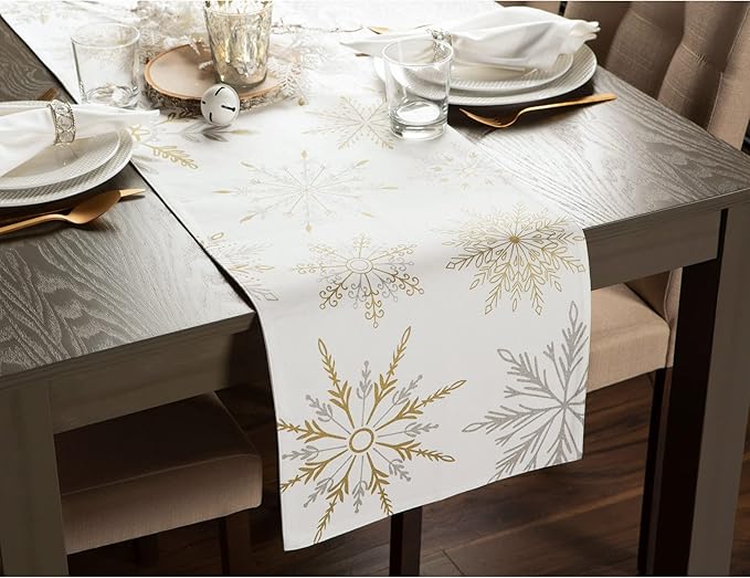 DII Holiday Dining Table Linen Sparkle Metallic Kitchen Décor, Table Runner, 14x108, Snowflakes Print