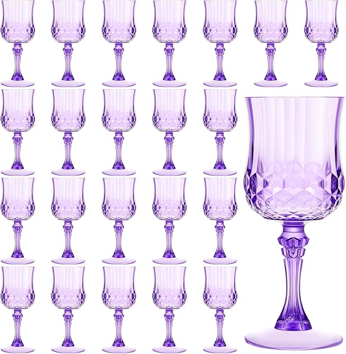 Pinkunn 50 Pcs 7 oz Plastic Vintage Wine Glasses Reusable Colored Goblets Patterned Drinking Water Glasses Cup Dishwasher Safe for Christmas Wedding Reception Party Supplies (Purple)