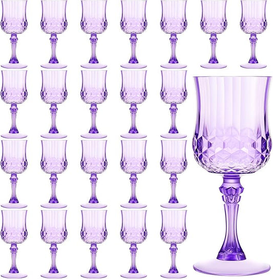 Pinkunn 24 Pcs 7 oz Plastic Vintage Wine Glasses Reusable Colored Goblets Patterned Drinking Water Glasses Cup Dishwasher Safe for Christmas Wedding Reception Party Supplies (Purple)