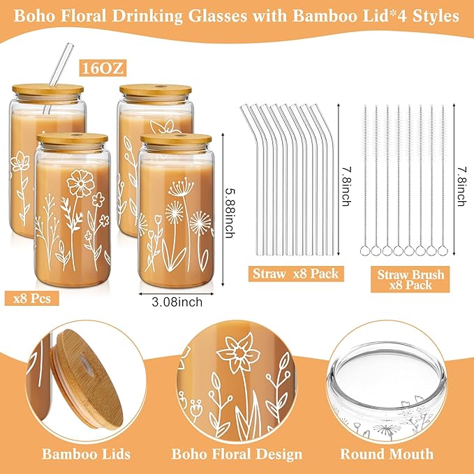 Mumufy Gift for Women Cute Glass Cup Tumbler Flower Iced Coffee Mugs 16 oz Glass with Bamboo Lid & Straw, Mothers Day Birthday Gift for Mom Sister Bridesmaid Baby Shower(8 Pack,Boho Floral)