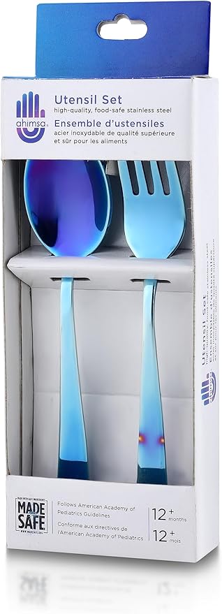 Ahimsa Stainless Steel Kids Utensils, Pediatrician Designed, Colorful Silverware for Kids & Toddlers, Non Toxic, Dishwasher Safe, Iridescent Blue Fork and Spoon Set