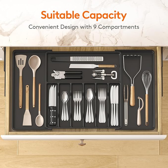 Lifewit Silverware Drawer Organizer, Expandable from 18.7 to 33 inches, Adjustable Utensil Tray for Kitchen, Large Cutlery Holder, Plastic Flatware Storage for Spoons Forks Knives, Black
