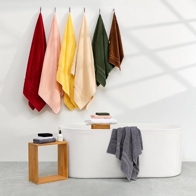 SEMAXE Solid 18-Piece Towel Set, Light Pink, 600GSM 100% Cotton, 6 Each of Bath Towel, Hand Towel, and Washcloths, Gift Box Packaging, Hanging Loop Design