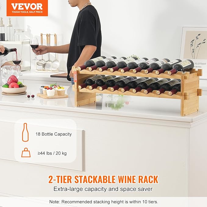 VEVOR 18 Bottle Stackable Modular Wine Rack, 2-Tier Solid Bamboo Wood Storage Racks, Floor Freestanding Wines Holder Display Shelf, Wobble-Free Shelves for Kitchen, Bar, and Cellar (Natural Color)