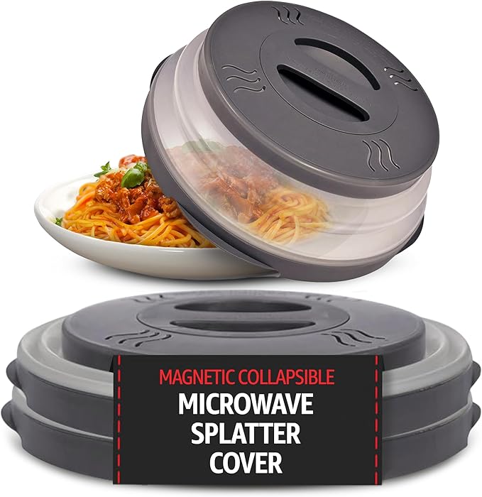 HOVER COVER Magnetic Microwave Splatter Cover with High Power, Strongest Magnetic Grip, Collapsible 12-Inch BPA-Free Food Lid, Vented Plate Guard, Dishwasher Safe, Space-Saving Storage - Gray, 2-Pack