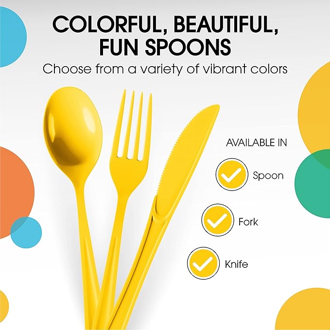 Party Solids Heavy Duty Plastic Cutlery - 200 Pieces, Disposable Yellow Plastic Spoons - Flatware, Silverware