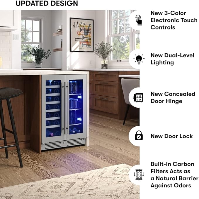 Zephyr Presrv 24 Inch Wine Fridge & Beverage Refrigerator Dual Zone Under Counter - Wine Cooler Cellars Small Beer Fridge Cabinet Drink Chiller Freestanding with French Glass Door 21 Bottles, 64 Cans