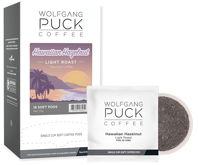 Wolfgang Puck Coffee, Hawaiian Hazelnut, 9.5 Gram Soft Pods, 18 Count (Pack of 1)