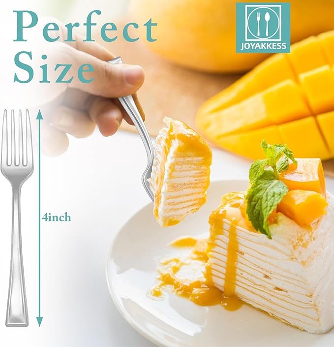 100 PCS Silver Mini Forks Heavy Duty, 4 inch Silver Plastic Fork, Mini Forks for Appetizers, Dessert Fork Disposable, BPA Free, Food Safe, Suitable for All Occasions