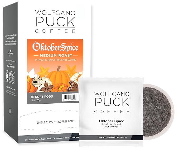 Wolfgang Puck Soft Coffee Pods, Oktober Spice, Medium Roast, 12 Gram, 16 count