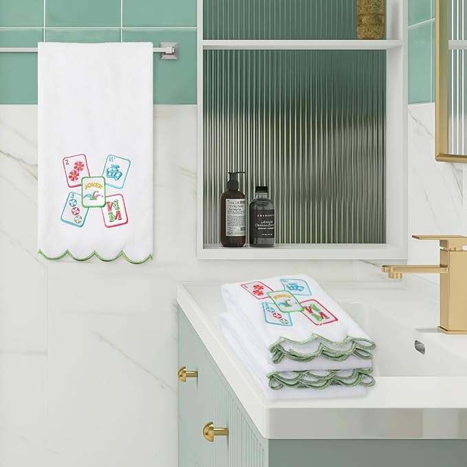 2Pcs Mahjong Scalloped Hand Towels Mah Jong Embroidered Cotton Bathroom Towels Decorative Dish Towel for Home Bathroom Kitchen Decor Mahjong Lover Gifts, 15.7x27.6 Inch