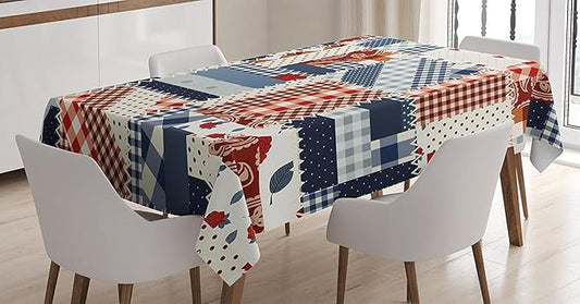 Ambesonne Country Tablecloth, Country Featured Mix Scottish Alternating Houndstooth and Retro Polka Dot Patterns, Rectangular Table Cover for Dining Room Kitchen Decor, 60" X 84", Blue Red