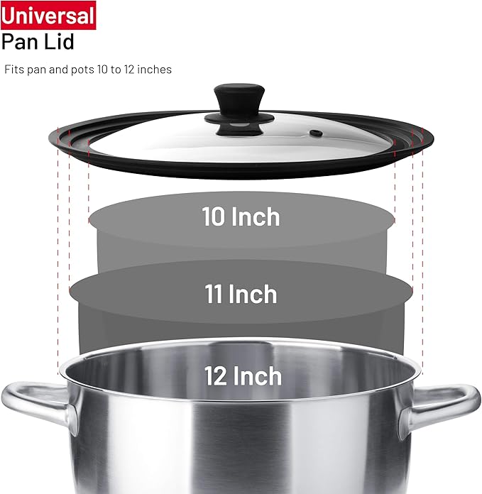 Bezrat Universal Lids for Pots, Pans and Skillets - 2-Pack Heat-Resistant Covers Tempered Glass with Silicone Rim - Fits 10”, 11”, 12” Cookware - Kitchen Covers, Dishwasher Safe (Single, 10",11",12")